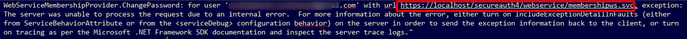 Debug log excerpt showing a WebServiceMembershipProvider.ChangePassword exception for a URL ending in /secureauth4/webservice/membershipws.svc, identifying which realm's web.config needs the change.