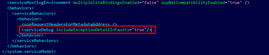 web.config excerpt showing the serviceDebug includeExceptionDetailInFaults=true line added inside the serviceBehaviors behavior element.