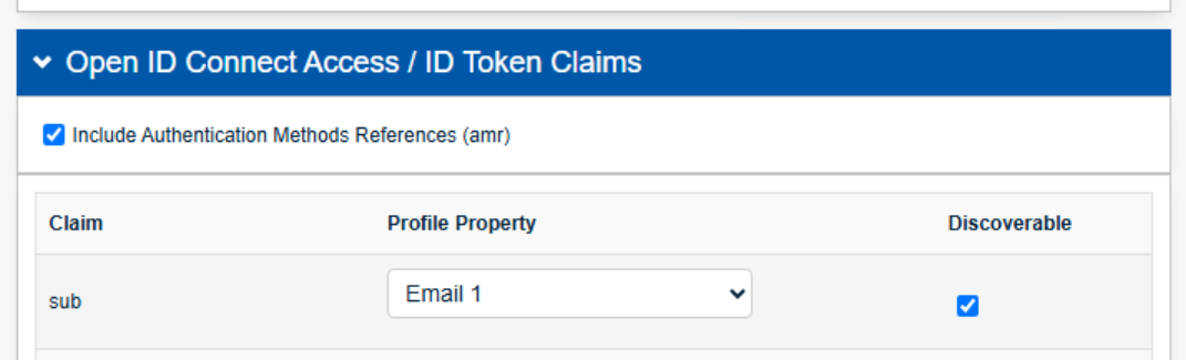 The Open ID Connect Access / ID Token Claims table with the sub claim mapped to the Email 1 profile property and Discoverable checked