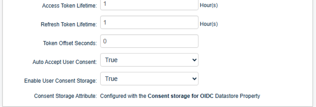 Post Authentication settings showing Auto Accept User Consent set to True, Enable User Consent Storage set to True, and Consent Storage Attribute configured with the Consent storage for OIDC Datastore Property