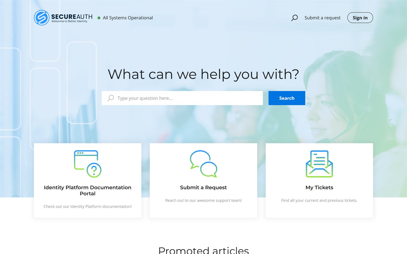 The current SecureAuth Support home page — a light template with a single search box.