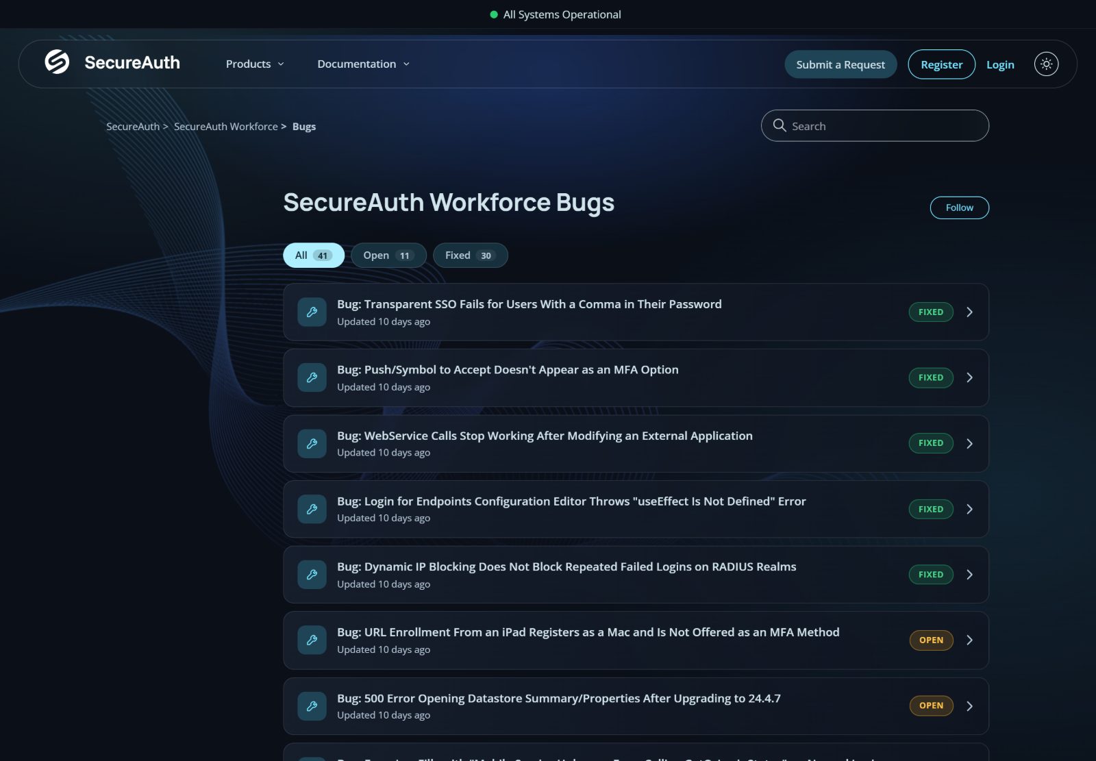 The Bugs section listing known issues, each with an Open or Fixed status badge and filter tabs.