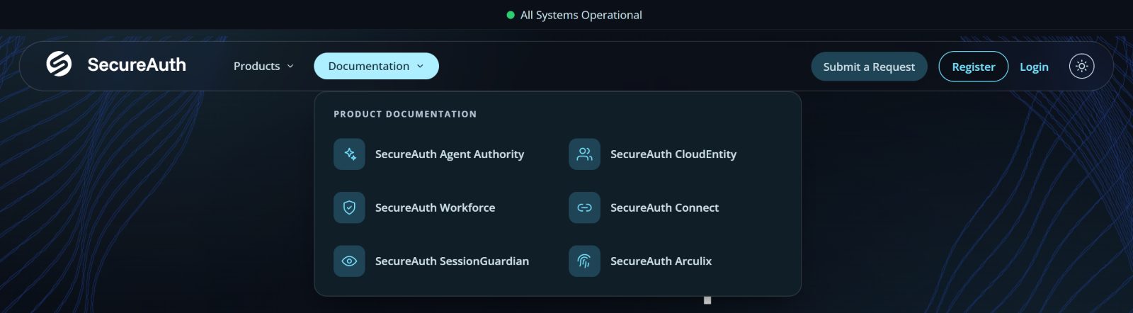 The Documentation menu open in the header, linking to each product's full documentation.