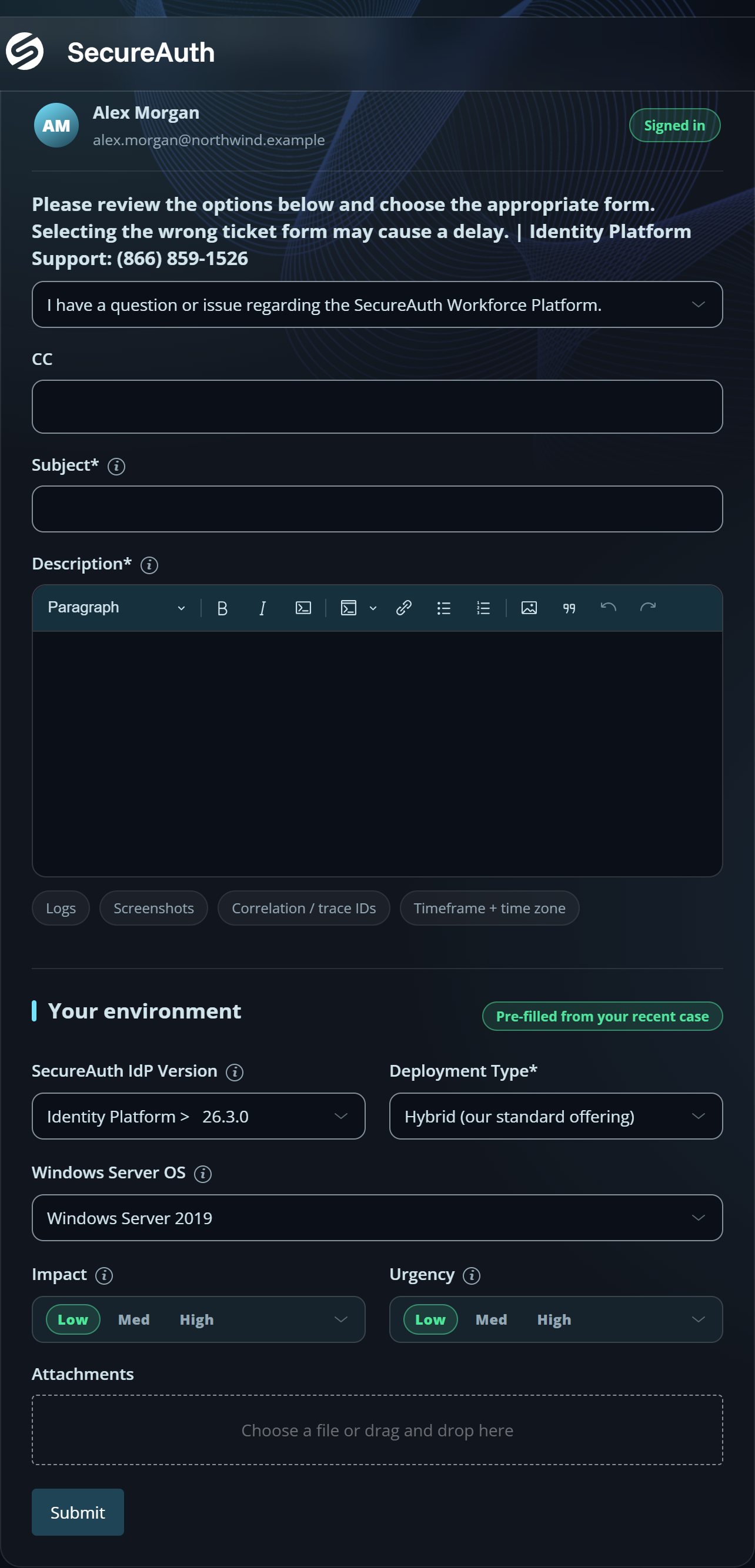 The rebuilt Submit a Request form — grouped fields, pre‑filled environment details, and compact Low / Med / High priority pickers.