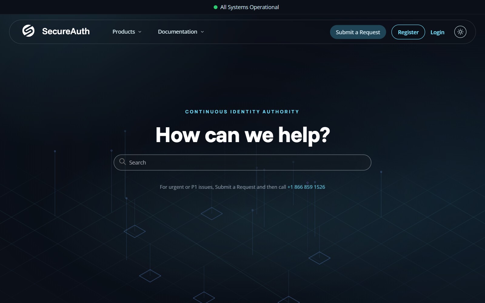 The new SecureAuth Support home page — a dark, branded design with an animated grid background and a large search bar.