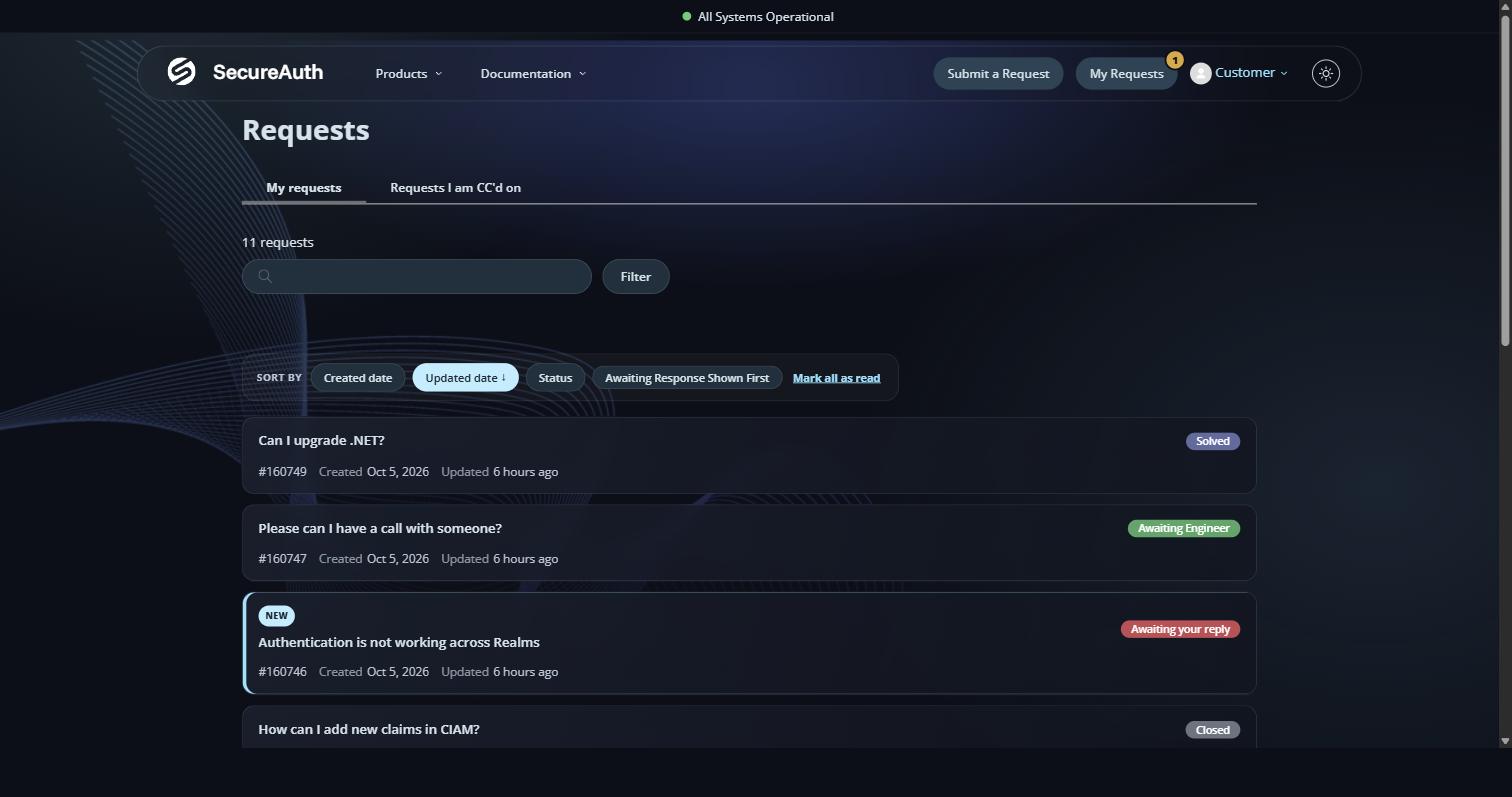 The new requests list with awaiting-reply badges, a NEW marker on an unread case, status pills and sort controls.